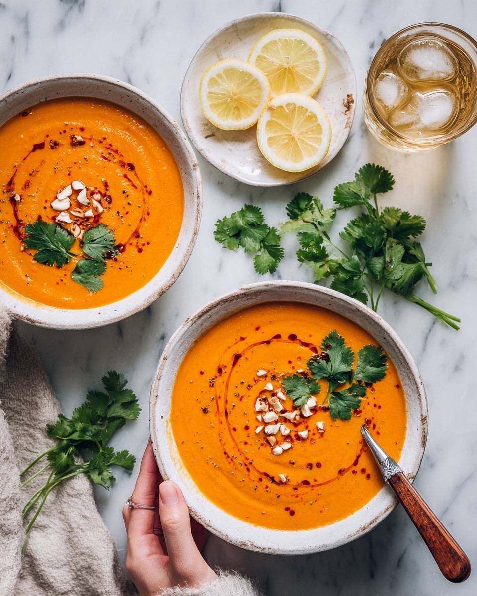 The image shows two bowls of bright orange soup, each with a smooth texture filling most of the bowl. The top of the soup has a swirl of red oil or sauce that creates a striking contrast, sprinkled with small piles of white corn kernels and a few green cilantro leaves spread around. One bowl is light blue with a wooden spoon resting on its edge, the spoon partially dipped in the soup, while the other bowl is white. To the side, there is a small white plate holding three lemon wedges and some green cilantro sprigs. A glass with light brown liquid and ice cubes is placed near the bowls on a white marbled surface. photo taken with an iphone --ar 4:5 --v 7