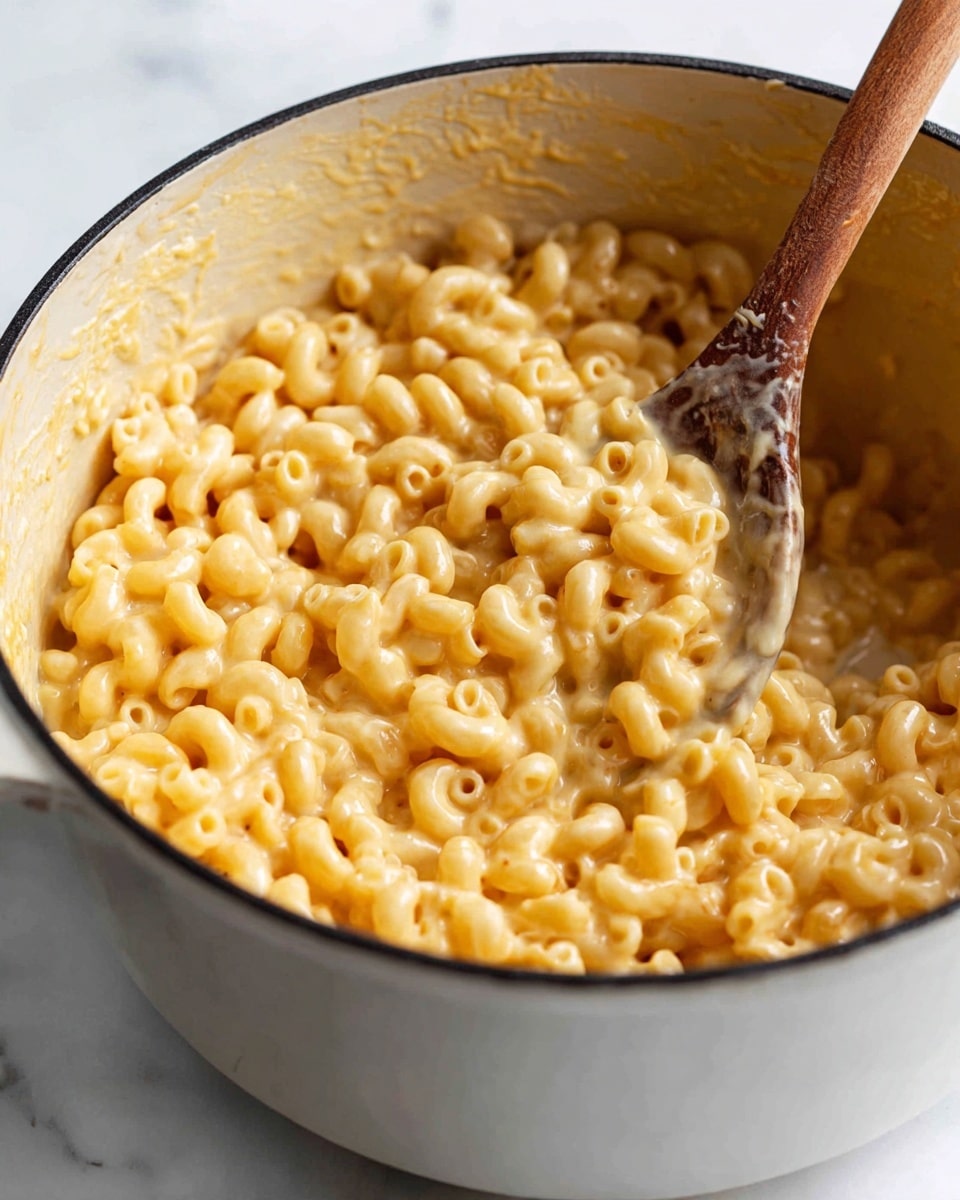 A close-up view of a pot filled with creamy macaroni and cheese, showing small elbow pasta covered in smooth, rich, yellow-orange melted cheese sauce. A wooden spoon is stirring the cheesy pasta, with a woman's hand holding it from the right side, mixing the texture that looks thick and gooey. The pot is white enamel inside with blue sides, sitting on a white marbled surface. photo taken with an iphone --ar 4:5 --v 7