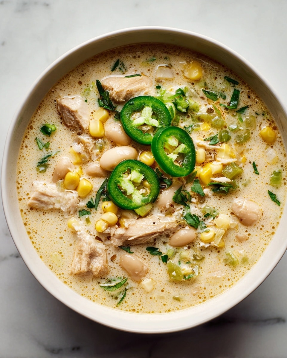 The image shows a creamy soup with visible layers including chunks of light beige chicken, yellow corn, small white beans, and translucent diced onions. Bright green slices of jalapeño pepper are placed on top, adding a fresh, sharp color contrast. The soup is speckled with black pepper and scattered chopped green herbs, all sitting in a pale creamy broth. The dish is in a white bowl on a white marbled surface, with a cozy and fresh look. Photo taken with an iphone --ar 4:5 --v 7