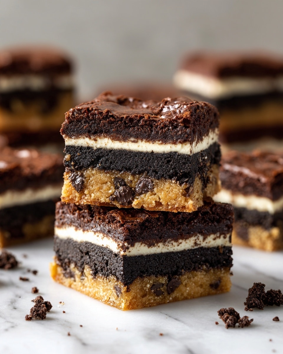 This image shows several square pieces of a two-layer dessert stacked and placed on a white marbled surface. Each piece has a bottom layer of light brown cookie dough with visible chocolate chips, topped by a dark brown, almost black, layer of moist brownie with a cracked texture. Between these two main layers, there is a thin, visible layer of a black and white cream-filled cookie embedded in the dessert, adding a contrasting stripe. Crumbs from both layers are scattered around the pieces. The dessert looks rich and dense with a clear separation between each layer. photo taken with an iphone --ar 4:5 --v 7