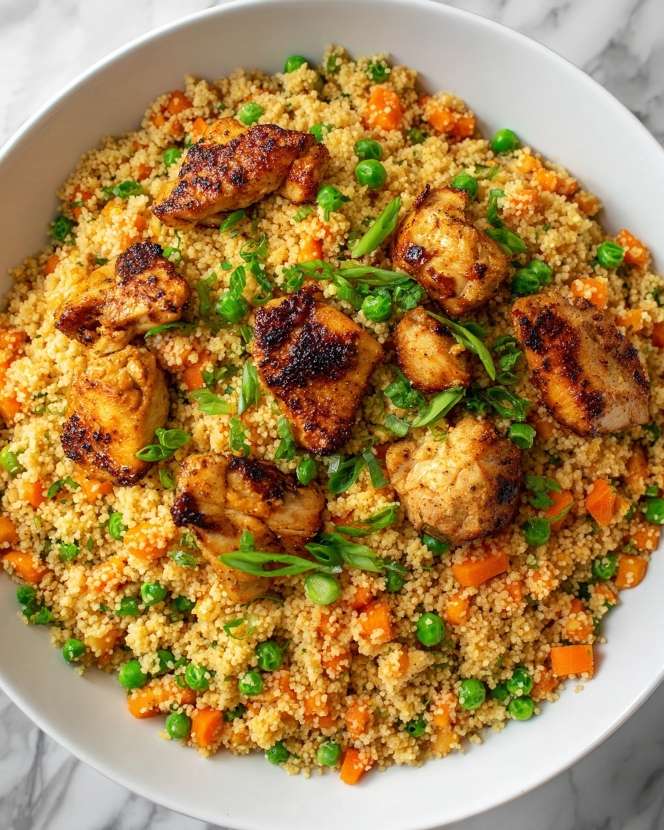 A large white bowl filled with a single layer of cooked couscous that is light brown and fluffy, mixed evenly with small diced orange carrots and green peas. On top, scattered grilled golden-brown chicken pieces that show visible grill marks and look juicy. The dish is finished with slices of fresh green onions and some whole green peas spread evenly on the top, all set on a white marbled surface. photo taken with an iphone --ar 4:5 --v 7