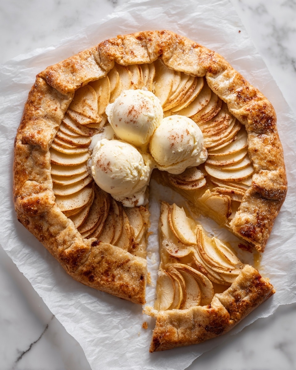 A round, rustic apple galette with a thick, golden-brown crust folded over the edges of layered apple slices arranged in overlapping rows. The apple slices are cooked to a soft, caramelized light brown with slight cinnamon specks, and two scoops of creamy, pale yellow ice cream sit on top near the center. One slice of the galette is cut and slightly pulled out, showing the tender inside apples. The galette is placed on white parchment paper on a white marbled surface. Photo taken with an iphone --ar 4:5 --v 7