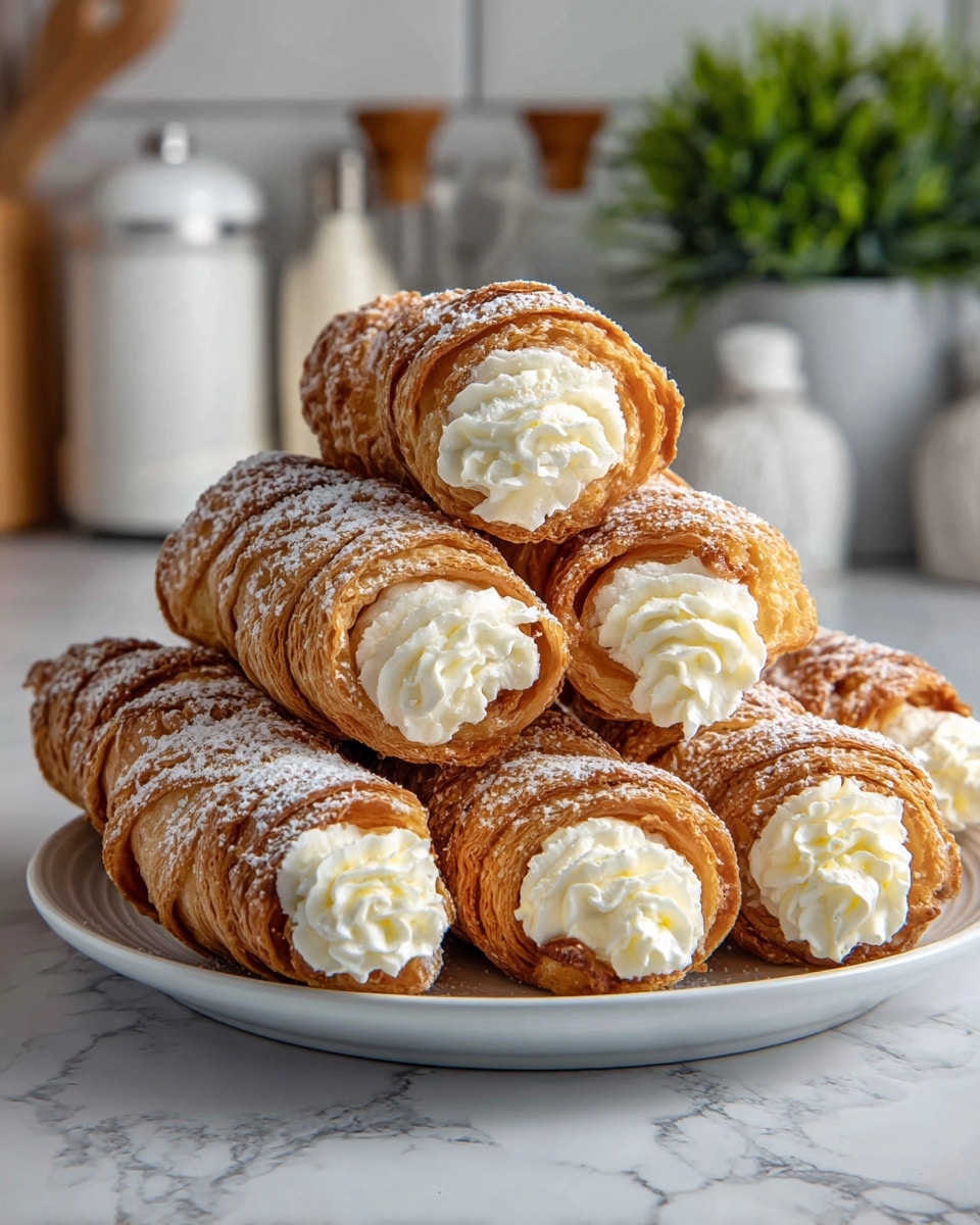 A white plate on a white marbled surface holds nine golden-brown cream-filled pastry cones stacked neatly. Each cone has a crispy, layered outside with a light dusting of powdered sugar, and the open ends show thick, white, swirled cream filling that looks smooth and soft. In the background, white ceramic containers and a small white pitcher with a green plant add a cozy kitchen feel. photo taken with an iphone --ar 4:5 --v 7