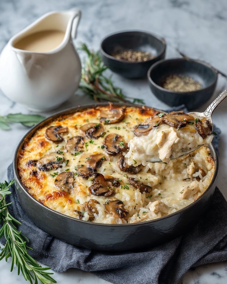 A round black baking dish holds a baked rice casserole with three visible layers: the bottom layer is white rice mixed with chunks of light brown chicken and slices of cooked dark brown mushrooms, the middle layer is a creamy mix of cheese and sauce blending into the rice, and the top layer is golden brown melted cheese with browned spots and scattered mushroom slices. A silver spoon with intricate designs on the handle scoops some rice, chicken, and mushrooms from the dish. The dish is placed on a blue textured cloth over a white marbled surface. In the background, there are two small black bowls with green seasonings and a white gravy boat filled with sauce, along with some green rosemary sprigs. photo taken with an iphone --ar 4:5 --v 7