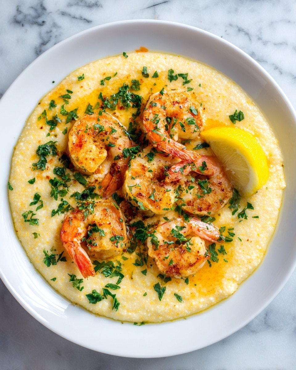 A white bowl holds a dish with a smooth, creamy pale yellow base, likely grits, spread evenly as the first layer. On top, six large, plump shrimp with a pinkish-orange color and slight gloss from a buttery sauce form the second layer, arranged in a circular pattern. Small green parsley flakes are sprinkled over the shrimp and base, adding a fresh touch. To the right side of the shrimp, a bright yellow lemon wedge rests against the edge of the bowl. The bowl is placed on a white marbled surface. photo taken with an iphone --ar 4:5 --v 7
