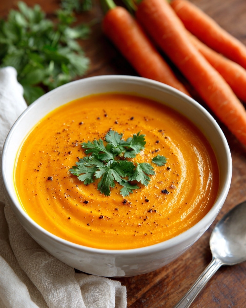 A white bowl filled with smooth orange carrot soup, showing tiny specks of black pepper and herbs mixed in, topped with a small bunch of fresh green cilantro leaves placed in the center. The bowl is set on a wooden table with a silver spoon resting beside it. In the background, several whole orange carrots and a bunch of fresh green herbs lie on a white marbled textured surface, along with folded white and blue cloths. The lighting is natural, highlighting the vibrant colors and creamy texture of the soup. photo taken with an iphone --ar 4:5 --v 7