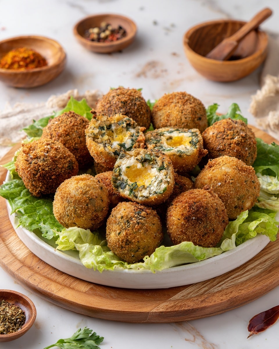 A white plate holds a layer of fresh green lettuce leaves as the base, topped with about eleven round, golden-brown fried balls coated in a fine, crunchy breadcrumb layer. The balls show some small green herb pieces in the coating, giving texture and color variation. One ball is split open at the top center, revealing a soft inside with mixed herbs and a small melted yellow cheese center that looks creamy and smooth. The plate rests on a round wooden tray, set on a white marbled surface with wooden bowls of spices in the background. photo taken with an iphone --ar 4:5 --v 7