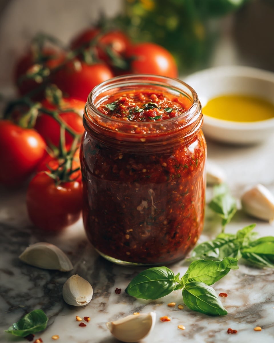 A clear glass jar filled with thick, chunky red tomato sauce, showing small bits of herbs and seeds throughout. Around the jar, fresh bright red tomatoes with green stems, several green basil leaves, and white garlic cloves are scattered on a white marbled texture surface. In the background, a small white bowl contains golden olive oil, slightly out of focus. The lighting is warm, creating a cozy and fresh atmosphere. Photo taken with an iphone --ar 4:5 --v 7