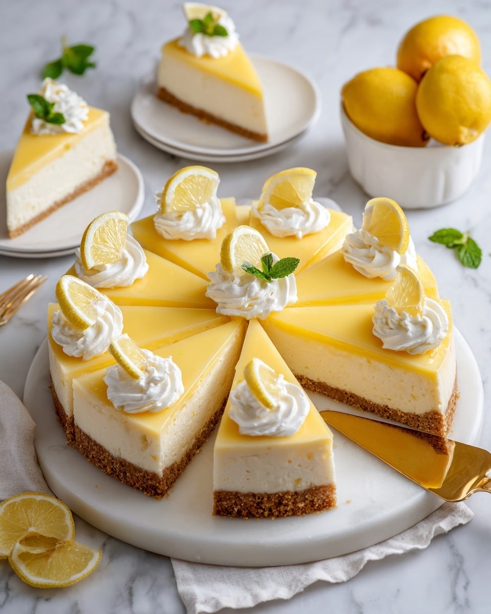 A lemon cheesecake is shown sliced into eight pieces on a round white marble board. Each slice has three layers: a thick crumbly light brown base, a smooth pale yellow middle layer, and a shiny bright yellow top layer. On the top edge of each slice, there are white whipped cream swirls paired with a thin slice of lemon. One slice is being served with a gold cake server. Around the cheesecake, slices are placed on white plates, decorated similarly with whipped cream, lemon slices, and a small green leaf. Fresh whole lemons sit in a white bowl nearby, with a few green mint leaves scattered on the white marbled surface. Photo taken with an iphone --ar 4:5 --v 7