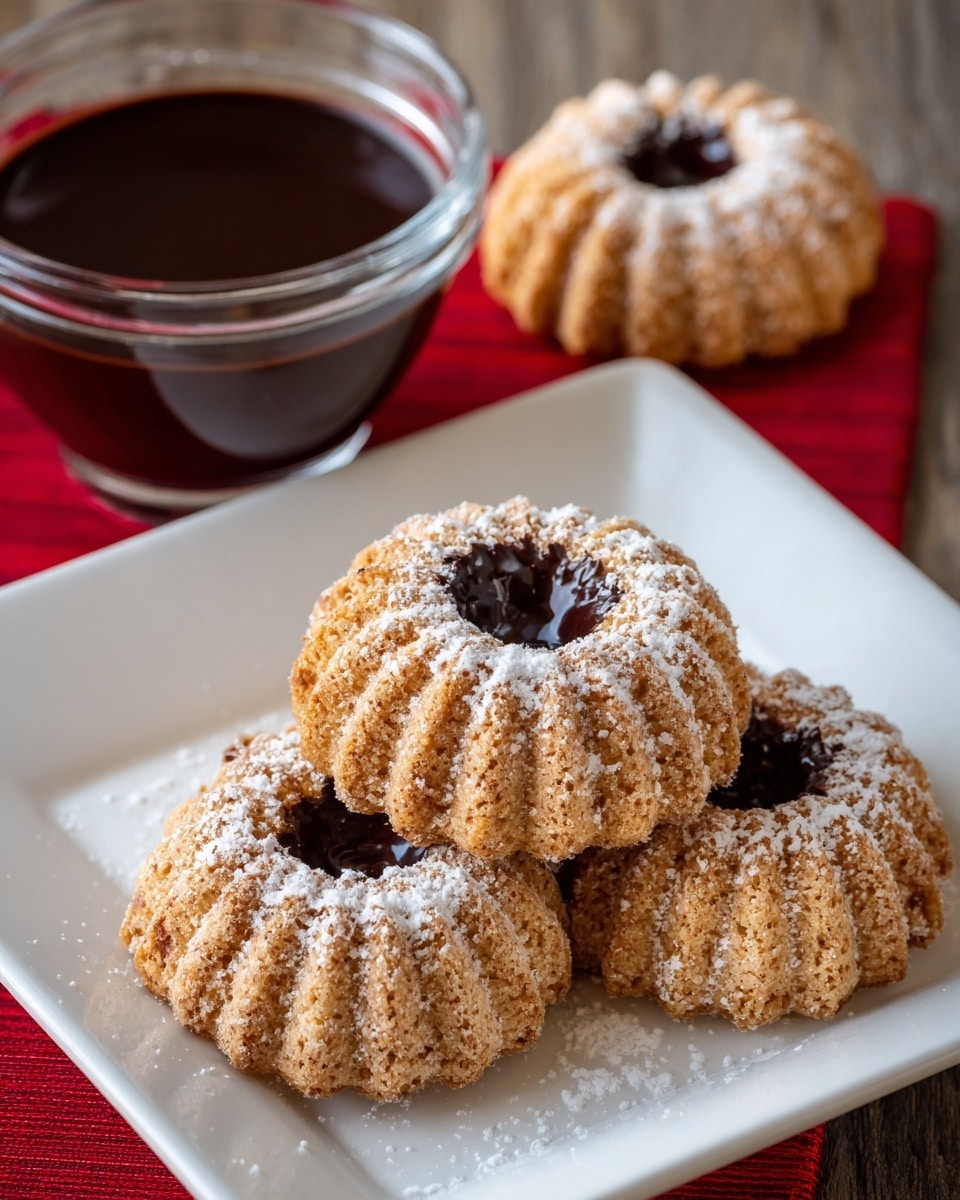 Three light brown circular cookies with a ridged ring shape and a hollow center filled with dark chocolate are placed on a white square plate on a red tray. The cookies are dusted with white powdered sugar. Next to the plate, there is a clear glass bowl filled with dark chocolate. Another cookie rests on the wooden surface near the bowl. The photo is taken on a white marbled texture. Photo taken with an iphone --ar 4:5 --v 7