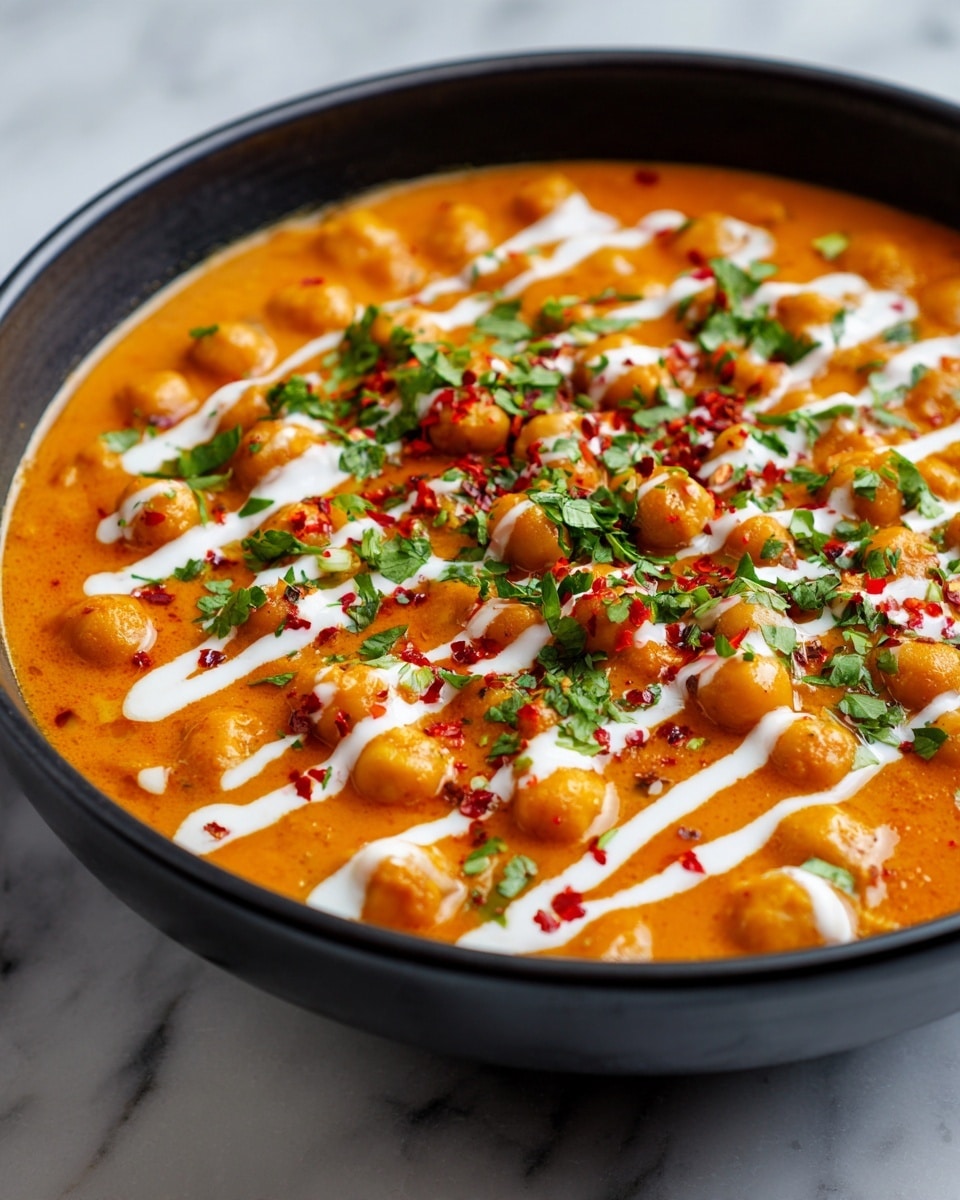 The image shows a close-up of a black bowl filled with a rich, creamy orange curry with chickpeas. The curry is topped with thin white zigzag lines of cream, chopped bright green herbs, and some small red spices scattered on top. The texture of the curry looks smooth and thick, with the round chickpeas visible throughout. The bowl sits on a white marbled surface that contrasts with the warm colors of the dish. Photo taken with an iphone --ar 4:5 --v 7