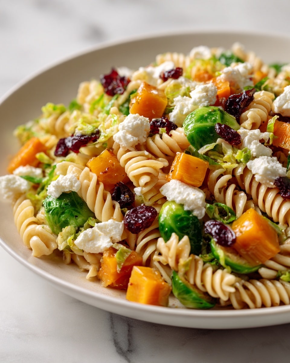 The image shows a close-up of a pasta salad on a white plate, placed on a white marbled surface. The dish has three main layers: the base layer is light beige spiral rotini pasta, mixed with small bright green Brussels sprouts scattered evenly throughout. On top of this, there are bright orange cubes of butternut squash and dark red dried cranberries spread across the dish. The top layer consists of small dollops of white creamy cheese that add a soft texture and contrast to the colorful ingredients. The overall texture looks fresh and hearty with a mix of soft and crunchy elements. photo taken with an iphone --ar 4:5 --v 7