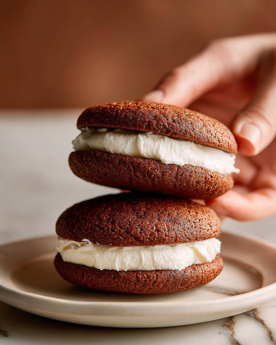 Two thick, round brown cookies with a rough, slightly cracked surface are stacked on a white plate. Between the two cookies is a thick layer of white cream filling that looks soft and slightly melting, seeps out a bit around the edges. The plate sits on a white marbled surface with a blurry brown background. A woman's hand is partially visible gently holding the top cookie. Photo taken with an iphone --ar 4:5 --v 7