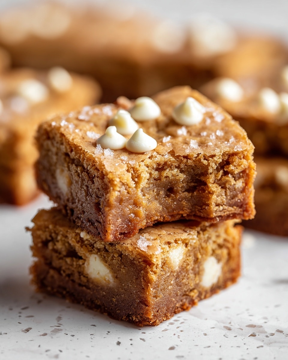 A close-up view of three stacked square blondies with a moist and slightly crumbly texture, each blondie having a light brown top layer sprinkled with sugar granules and adorned with white chocolate chips. The top blondie has a bite taken out, revealing a rich, darker brown interior with white chocolate chips scattered inside. The blondies are set against a white marbled texture surface, with more blondies blurred in the background. photo taken with an iphone --ar 4:5 --v 7