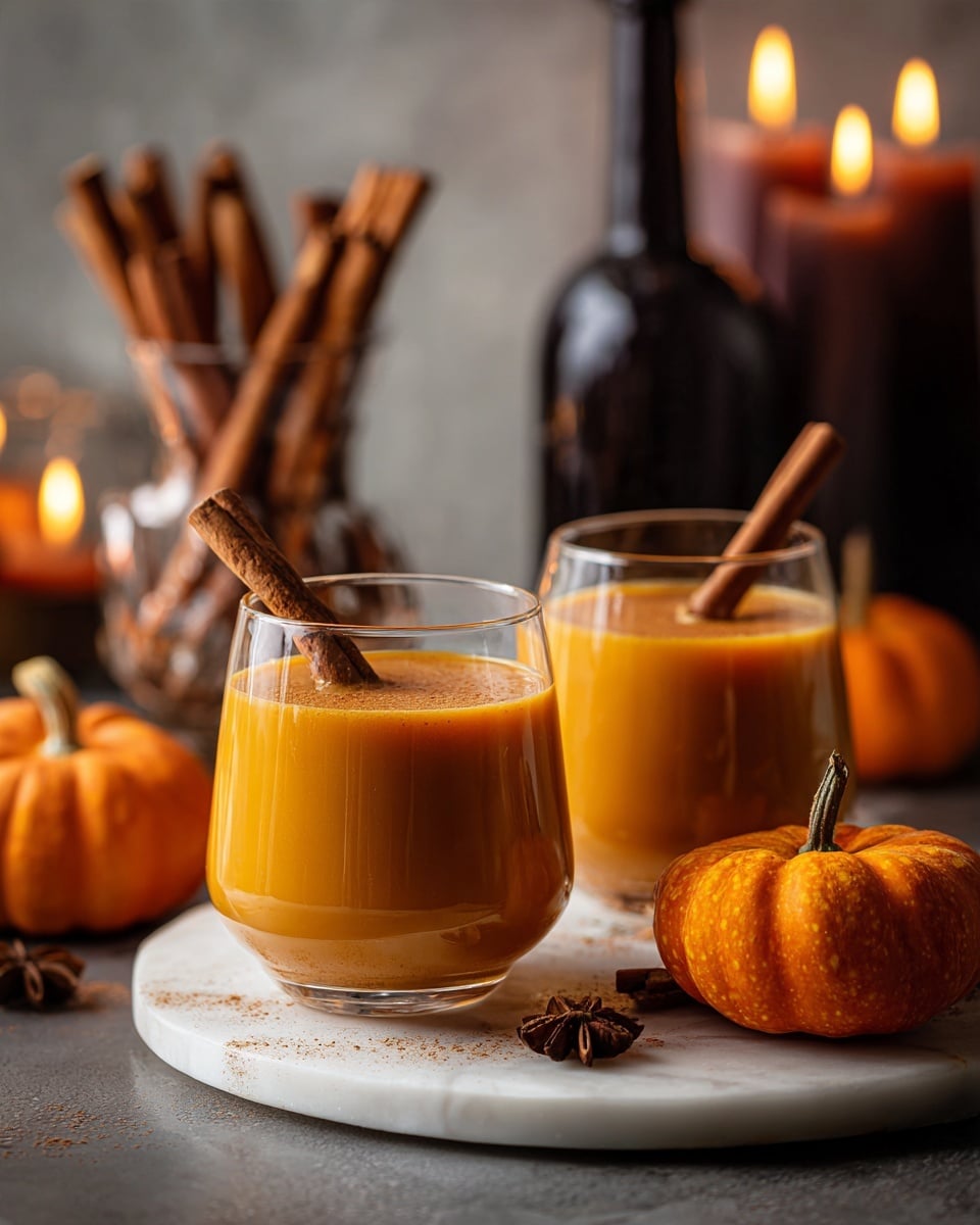 Two clear round glasses filled with a smooth, orange pumpkin drink sit side by side on a white marbled round board; each glass has a cinnamon stick resting on its rim. Behind them, a clear glass holds several cinnamon sticks standing upright, adding texture to the scene. To the right, bright orange mini pumpkins with visible ridges add a fresh, autumn feel. The background is warm brown, with soft orange candles in black holders creating a cozy atmosphere. Photo taken with an iphone --ar 4:5 --v 7