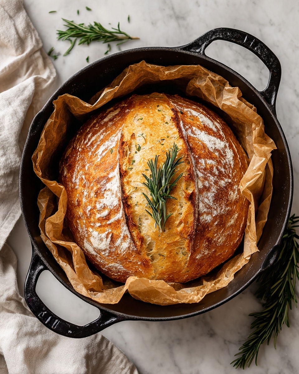 A round loaf of bread with a golden-brown crust and light flour patterns is inside a black cast iron pot lined with beige parchment paper, the bread topped with a fresh green rosemary sprig. The pot has thick handles with a worn deep blue finish, and the setting is on a white marbled surface with blurred green rosemary sprigs nearby. photo taken with an iphone --ar 4:5 --v 7
