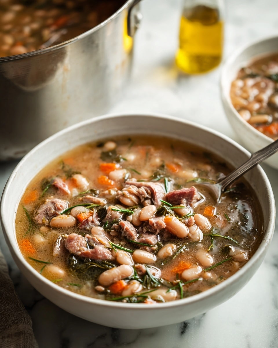 A bowl of thick bean soup with pieces of meat and small bits of orange carrot floating in light brown broth fills the white bowl almost to the top, with dark green herbs sprinkled over the soup, a silver spoon resting inside, and a silver pot filled with the same soup visible in the top right corner, all set on a white marbled surface with a small glass bottle of golden oil in the blurred background. photo taken with an iphone --ar 4:5 --v 7