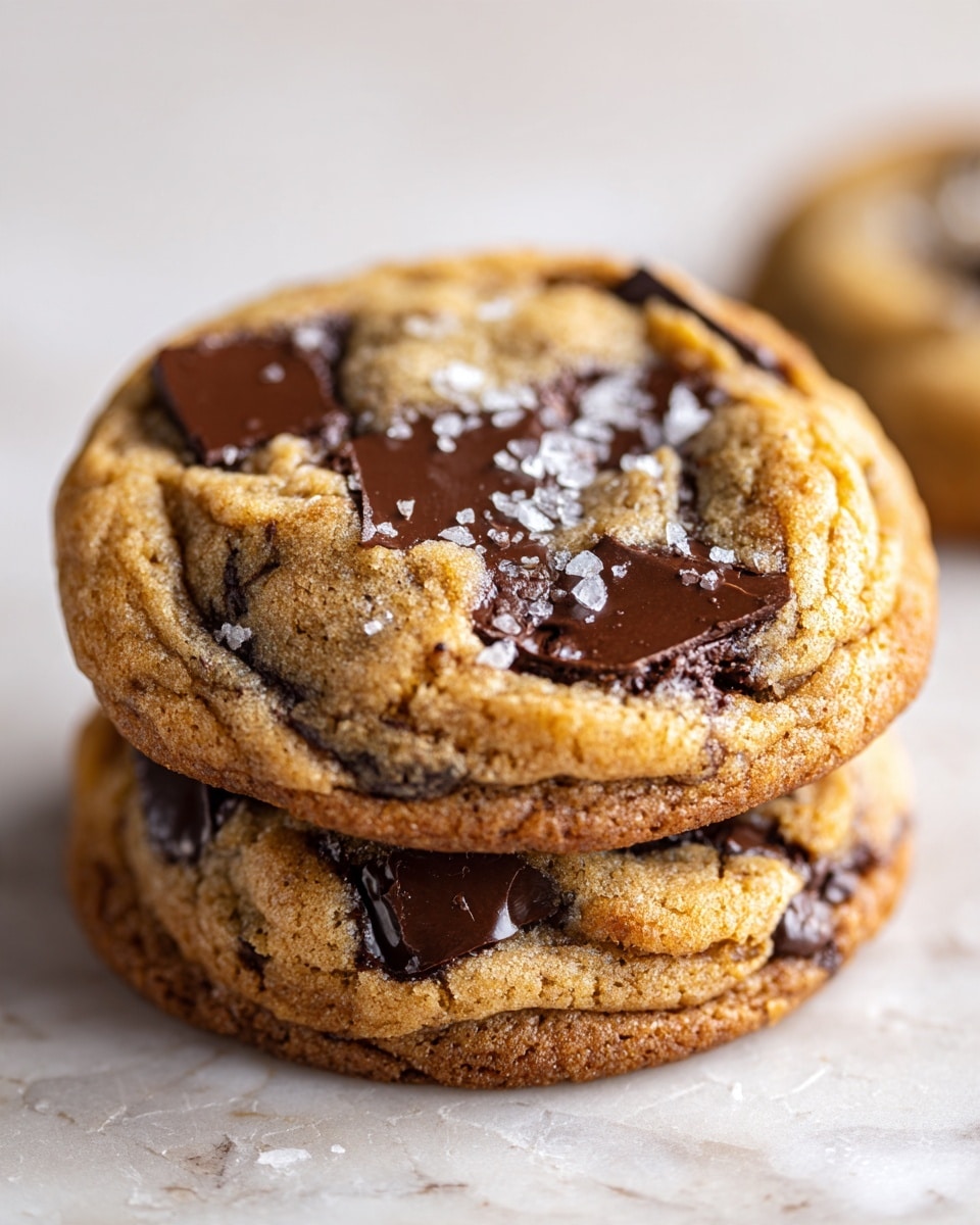The image shows a close-up of two stacked soft chocolate chip cookies on a white marbled surface. Each cookie has a golden-brown color with a slightly crispy edge and a chewy center. Large chunks of dark chocolate are scattered throughout the cookies, some partially melted and glistening. A few crystals of flaky sea salt are sprinkled on top, adding texture and shine. The top cookie is centered and clearly detailed, highlighting its rich, gooey chocolate and crunchy parts. Photo taken with an iphone --ar 4:5 --v 7