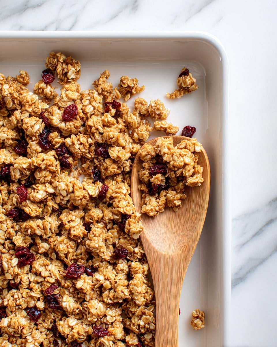 A large rectangular metal baking pan filled with golden brown granola clusters that have a coarse, crumbly texture, with small dried red berries scattered evenly throughout. The granola looks crunchy and slightly uneven in shape, covering the whole surface tightly except on one corner where some granola has been scooped aside with a flat light brown wooden spatula, revealing the shiny metal pan beneath. The pan is placed on a white marbled surface. photo taken with an iphone --ar 4:5 --v 7