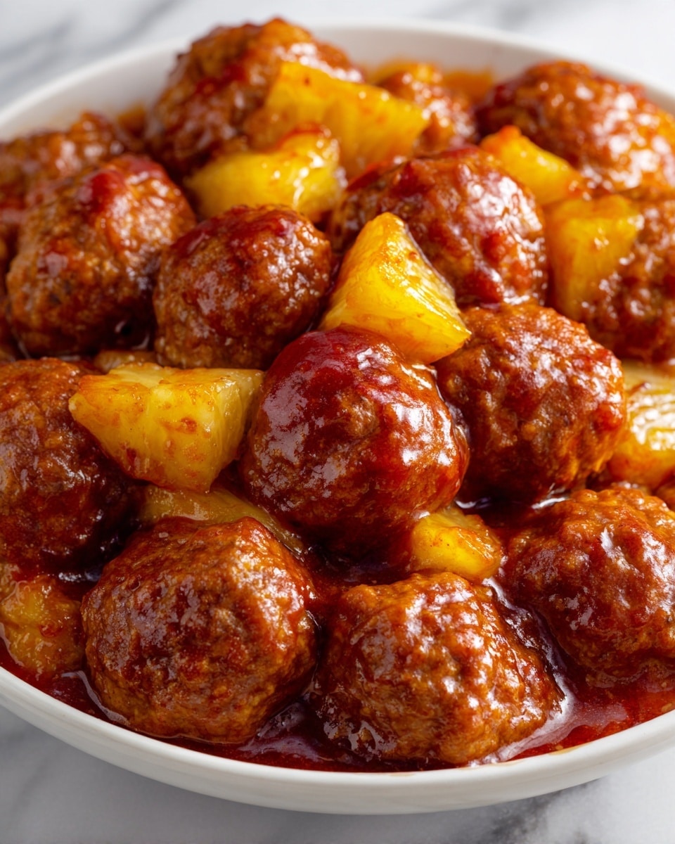 The image shows a close-up of many shiny, brown meatballs coated in a thick, glossy sauce inside a white bowl. Interspersed among the meatballs are chunks of yellow-orange pineapple pieces, also covered with the sauce. The sauce looks rich and smooth, pooling slightly at the bottom of the bowl. The meatballs are round and evenly sized, sitting closely together, while the pineapple adds a contrasting color and texture throughout. The background is a white marbled texture. photo taken with an iphone --ar 4:5 --v 7