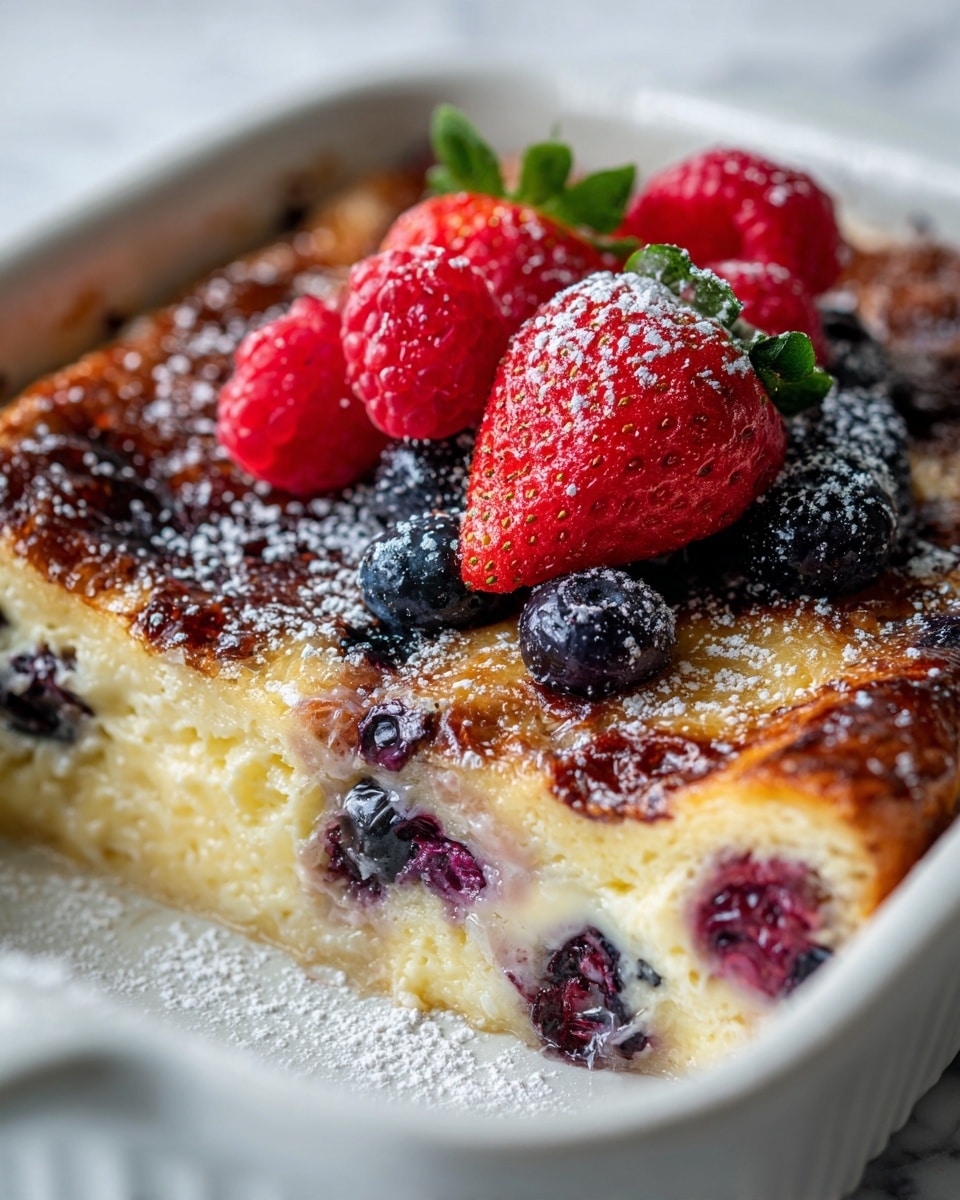 The image shows a close-up of a baked bread pudding with berries in a white baking dish. The pudding has a golden-brown top layer that is slightly crisp and textured with caramelized spots. Below the crust, there is a thick, creamy layer studded with whole blueberries that have burst, releasing purple juice blending into the soft custard base. Fresh raspberries and whole strawberries with green tops are placed on top, lightly dusted with powdered sugar that adds a soft white contrast. The white marbled surface under the dish adds a clean, bright backdrop. photo taken with an iphone --ar 4:5 --v 7