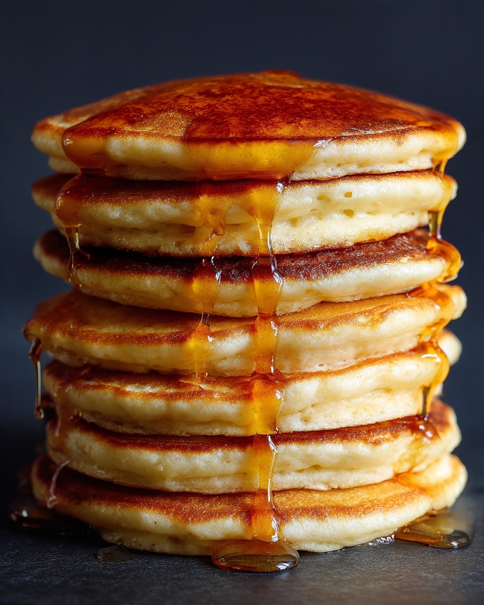 A close-up look at a tall stack of eight fluffy pancakes, each layer golden-brown on top with a soft, light beige inside. Rich amber syrup flows down the sides, pooling slightly and creating a shiny, sticky texture that glistens against the pancakes. The background is a simple dark color, making the syrup and pancakes stand out more. The image focuses tightly on the side of the stack, showing the thickness and softness of each pancake layer clearly. photo taken with an iphone --ar 4:5 --v 7