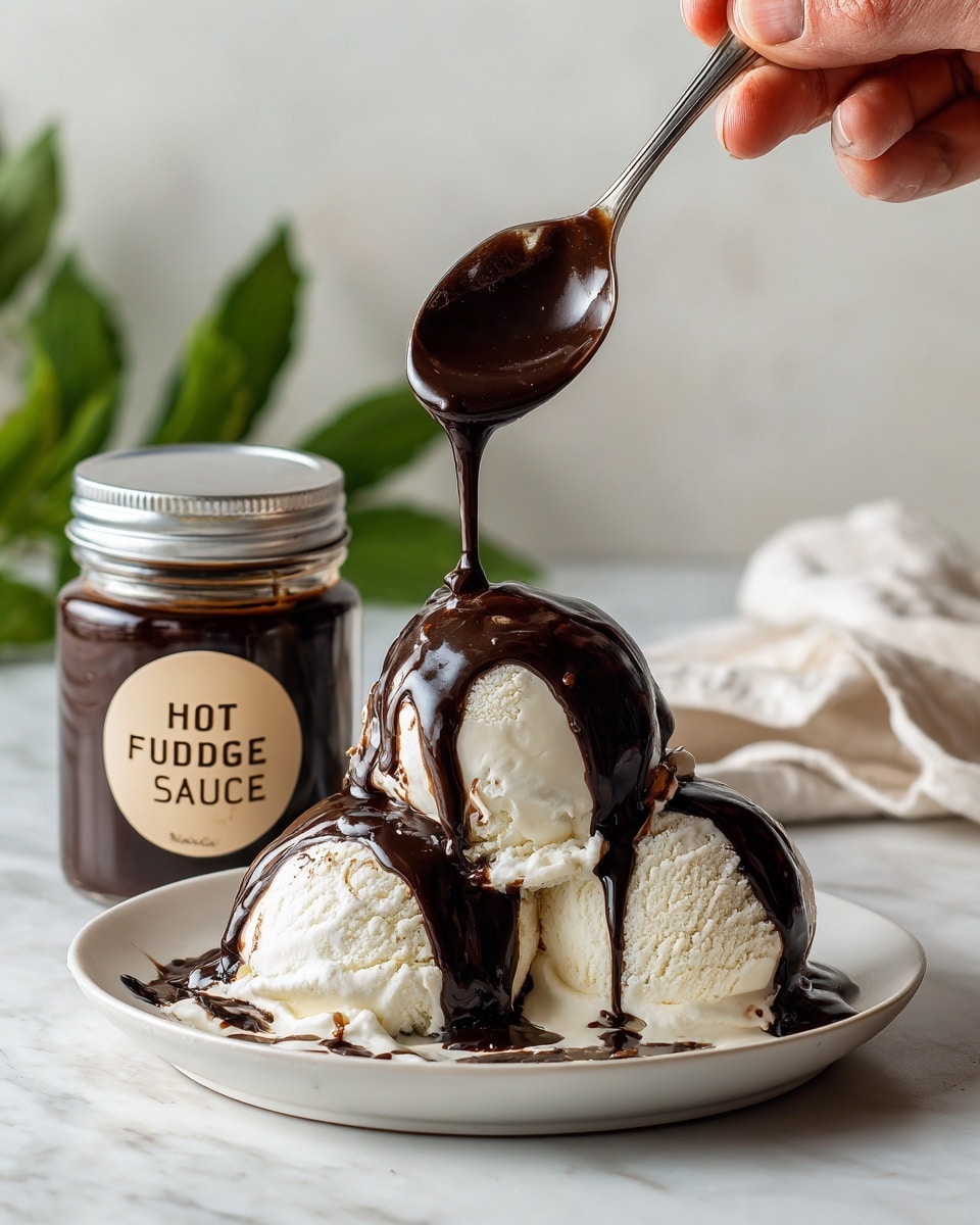 A scoop of creamy white vanilla ice cream sits on a white plate with a smooth texture, as glossy dark chocolate fudge sauce is poured over it from a spoon held by a woman's hand above. The thick, rich fudge cascades down the rounded surface of the ice cream, pooling slightly around the base. Next to the ice cream on the plate is a small, clear glass jar filled with the same dark fudge sauce, with its metal lid resting against it and labeled 