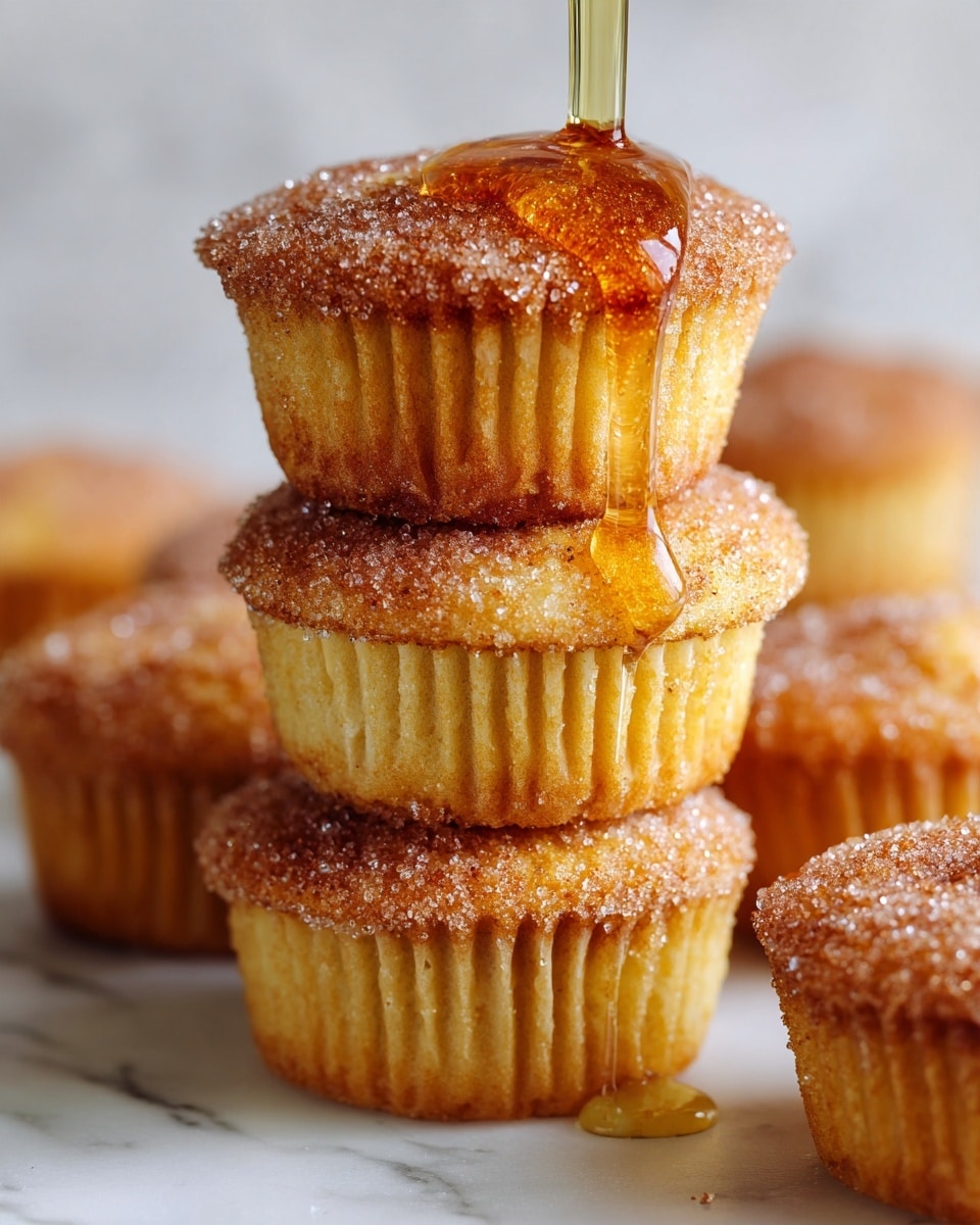 A close-up view of five golden cinnamon sugar muffins stacked on a white marbled surface. The muffins have a rough and crunchy sugar-coated top layer with a light brown color, creating a sparkling texture. The muffin base is a soft light yellow with visible ridges from the paper liners, adding vertical lines. Sweet syrup is being poured over the top muffin, flowing down smoothly in an amber color that glistens in the light. Photo taken with an iphone --ar 4:5 --v 7