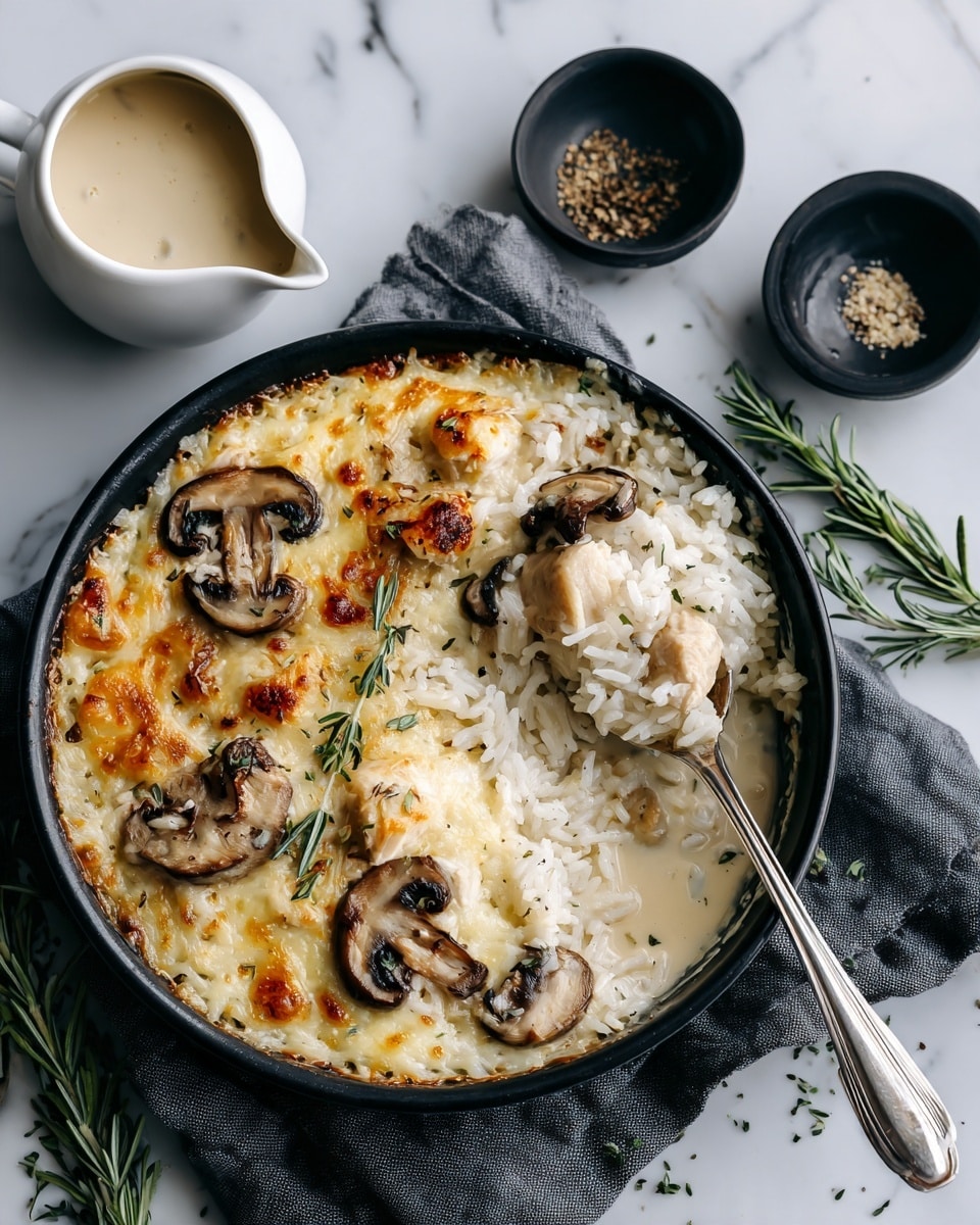 A black round dish filled with a creamy baked rice casserole shows three layers: the bottom layer is white rice mixed with pieces of chicken and sliced brown mushrooms, the middle layer appears to be a rich creamy sauce, and the top layer is golden-brown melted cheese with browned spots and mushroom pieces scattered on top. A silver spoon holding a scoop of the casserole rests inside the dish, angled upward. The dish sits on a folded dark gray cloth on a white marbled surface. Nearby, there is a white gravy boat with pale sauce, two small black bowls with dry herbs or spices, a silver spoon inside one bowl, and some fresh green rosemary sprigs. photo taken with an iphone --ar 4:5 --v 7