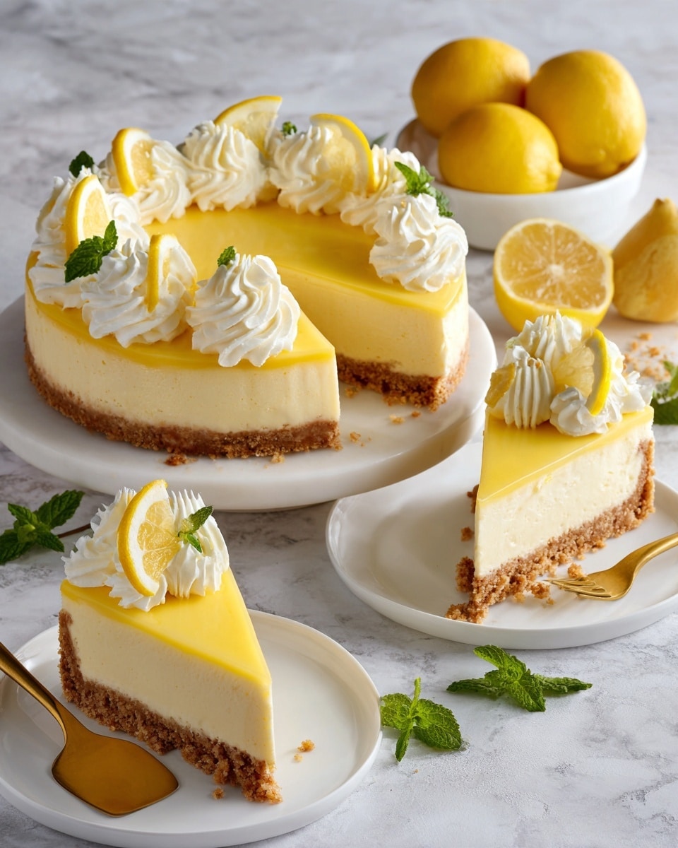 A lemon cheesecake is shown on a white marble surface, sliced into eight pieces with one slice slightly pulled out. The cheesecake has three layers: a light brown crumbly base, a smooth pale yellow middle cheesecake layer, and a glossy bright yellow lemon topping. Each slice is decorated with a swirl of white whipped cream and a thin lemon slice on top. Around the cake, there are fresh green mint leaves, whole lemons in a white bowl, and plates with single slices of the cheesecake topped with whipped cream and mint leaves. A gold cake server rests beside the cheesecake. Photo taken with an iphone --ar 4:5 --v 7
