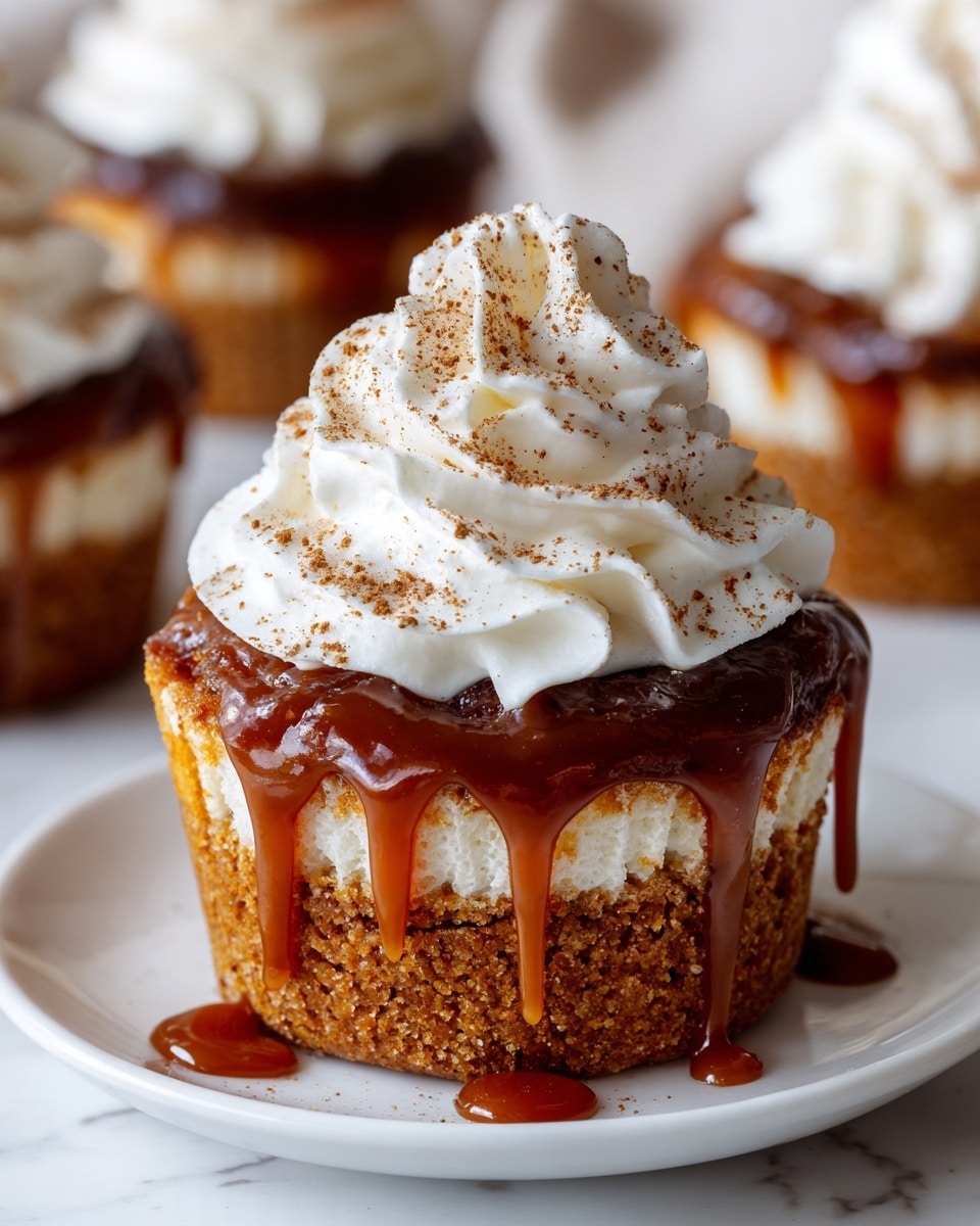 A single cupcake sits on a white plate, showing three layers: a bottom textured golden-brown cake base, a thick middle layer of rich, glossy caramel sauce that drips down the sides, and a top layer of white whipped cream piped in soft swirls, sprinkled lightly with brown spice or cocoa powder. The background features parts of other cupcakes blurred out, and the surface beneath is a white marbled texture. photo taken with an iphone --ar 4:5 --v 7