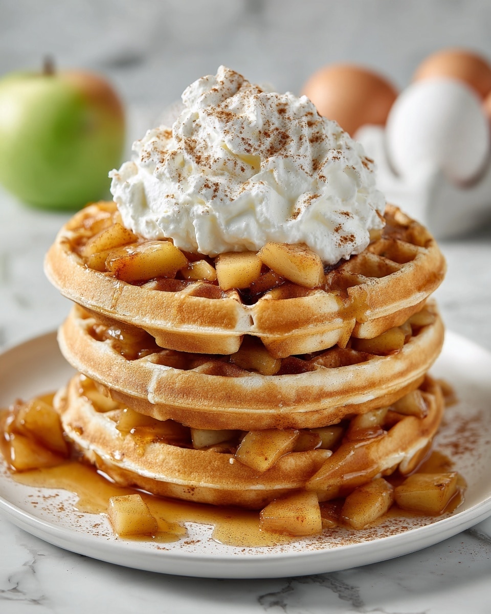 A stack of three light golden waffles is placed on a white plate, with soft, caramel-colored cooked apple pieces and syrup layered between and on top of the waffles. On top of the stack, there is a thick, fluffy white dollop of whipped cream dusted with a light sprinkle of brown cinnamon powder. Some cooked apples and syrup are also spilled on the plate near the stack. The background is a white marbled texture with blurred hints of a greenish apple and white eggs. photo taken with an iphone --ar 4:5 --v 7