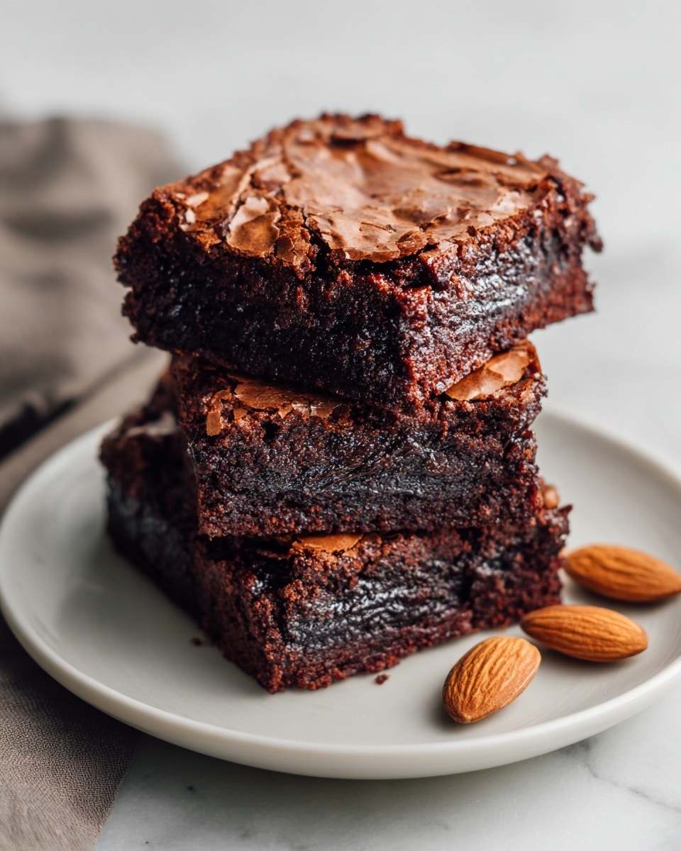 The image shows two thick, square brownies stacked on top of each other on a white plate, with the top brownie slightly tilted to reveal the moist, dark chocolate inside. The surface of the brownies has a cracked, shiny crust that looks crunchy. Around the plate, there are a few whole almonds with a smooth brown shell. The background is a white marbled texture, and a woman's hand is not visible in this scene. The photo taken with an iphone --ar 4:5 --v 7