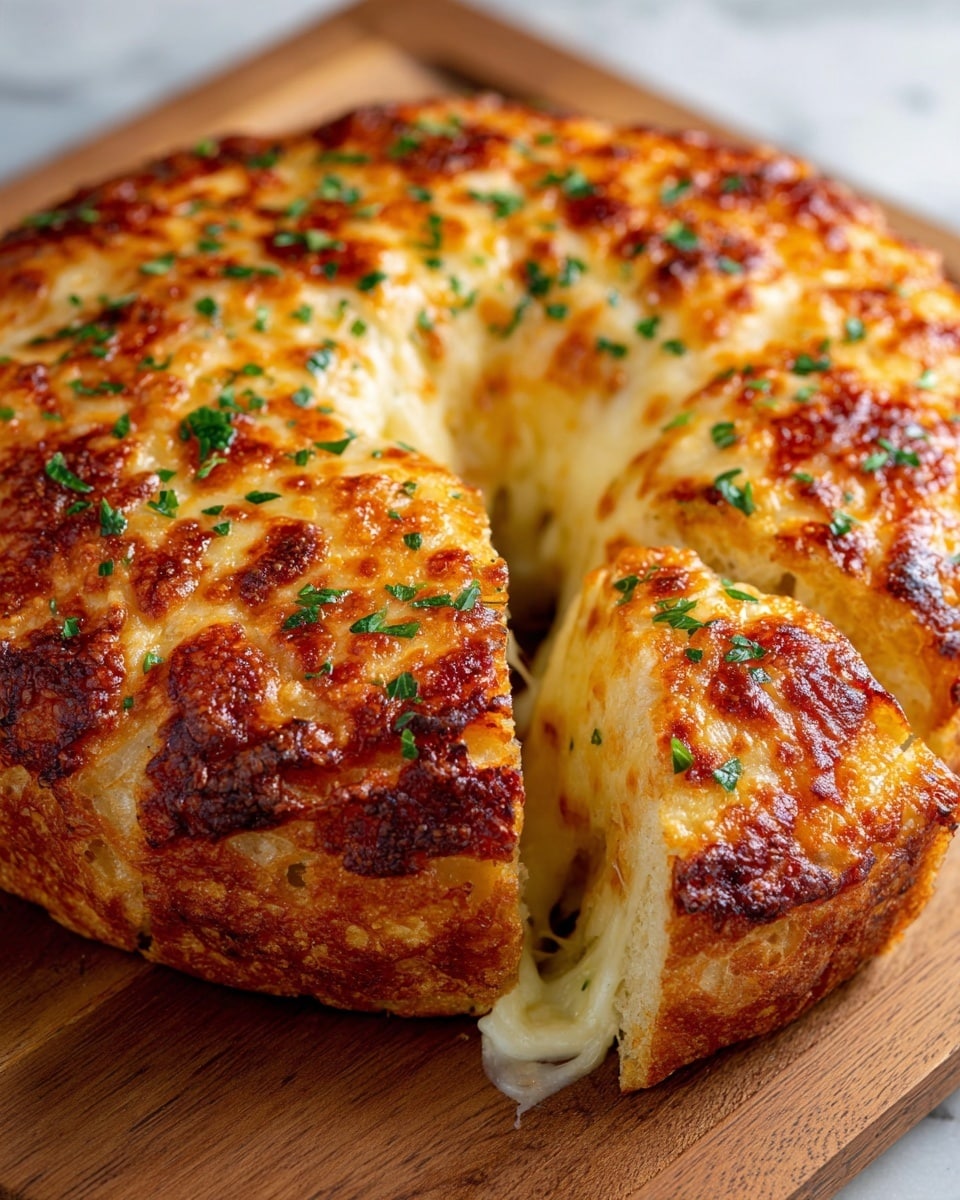The image shows a round cheese bread with a hole in the middle, resembling a ring shape. The bread has a golden-brown crust covered with melted, bubbly cheese that looks crispy and slightly caramelized on top. The cheese has a mix of creamy white and golden yellow shades, creating a textured surface with gooey melted cheese pools. The top is sprinkled with bright green chopped herbs adding a fresh contrast. The bread appears soft and fluffy underneath the cheese layer, resting on a white marbled surface. photo taken with an iphone --ar 4:5 --v 7