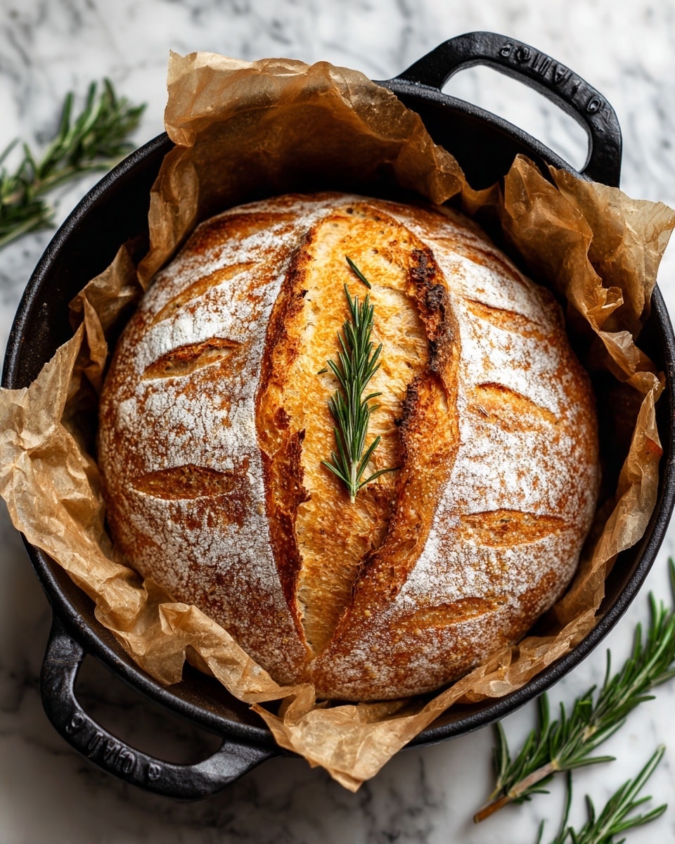 A round loaf of bread with a golden brown crust and white flour patterns sits inside a black cast iron pot lined with crumpled parchment paper. The bread has curved scoring marks on the top and a sprig of green rosemary placed down the middle. The pot has two handles, and the whole scene is set on a white marbled surface with some fresh rosemary sprigs visible nearby. Photo taken with an iphone --ar 4:5 --v 7