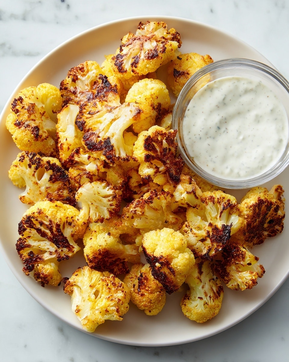 A white speckled bowl holds a single layer of roasted cauliflower florets that are golden brown and slightly charred in places, giving them a crispy texture. The cauliflower pieces vary in size and show a mix of warm yellow and light brown colors, with some darker, almost blackened spots. On the right side of the bowl, a small clear glass dish contains creamy white dipping sauce with visible small black specks, likely herbs or spices. The whole setup is placed on a white marbled surface. Photo taken with an iphone --ar 4:5 --v 7
