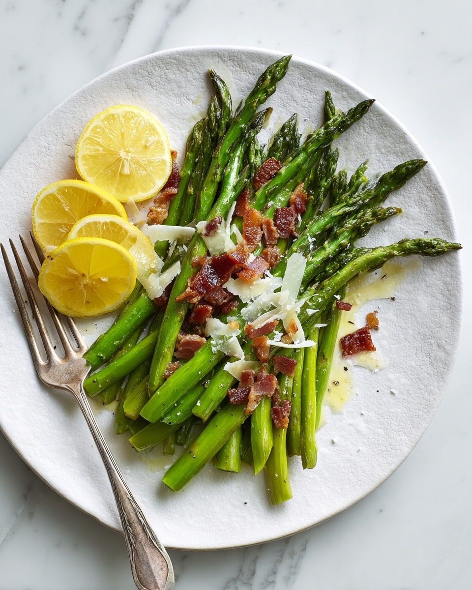 A white plate holds a simple dish with two main layers: bright green roasted asparagus spears spread out and topped with small pieces of crispy, brown bacon and thin white shavings of parmesan cheese. On the left side of the plate sit three lemon slices, two round and one wedge, showing their vibrant yellow flesh. A vintage silver fork leans on the plate’s edge on a white marbled surface with a quarter lemon wedge in the background. The details show light steam rising from the warm asparagus. Photo taken with an iphone --ar 4:5 --v 7
