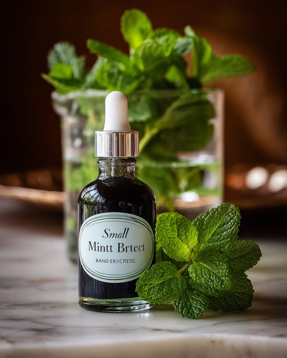 A small dark glass bottle with a white label reading 