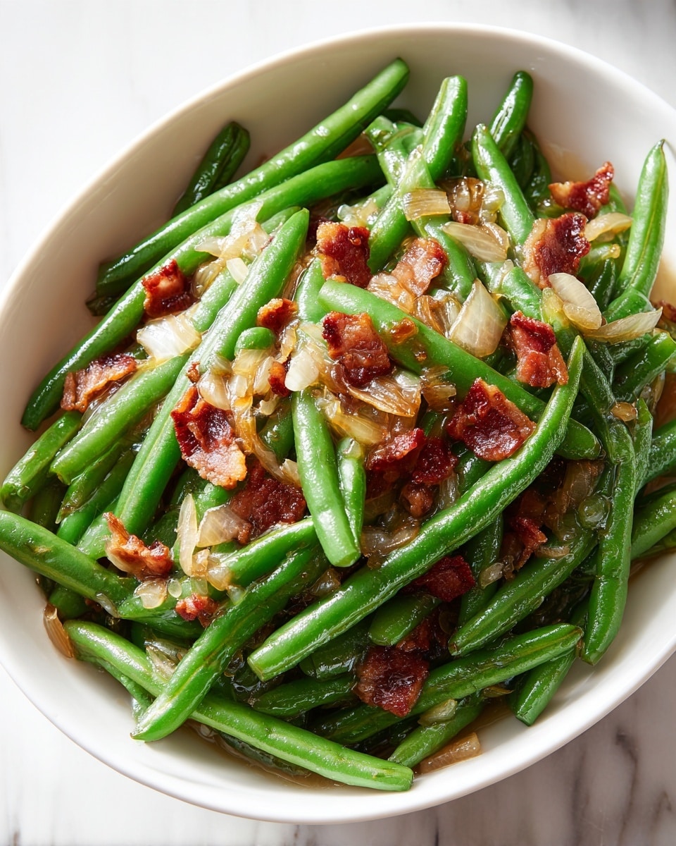 A white bowl filled with cooked green beans mixed with small pieces of orange-brown cooked bacon. The green beans are bright green and smooth, while the bacon pieces are scattered evenly on top and mixed throughout, adding a slightly crispy texture. The bowl sits on a white marbled surface, with a soft natural light highlighting the freshness of the green beans and the rich color of the bacon. photo taken with an iphone --ar 4:5 --v 7