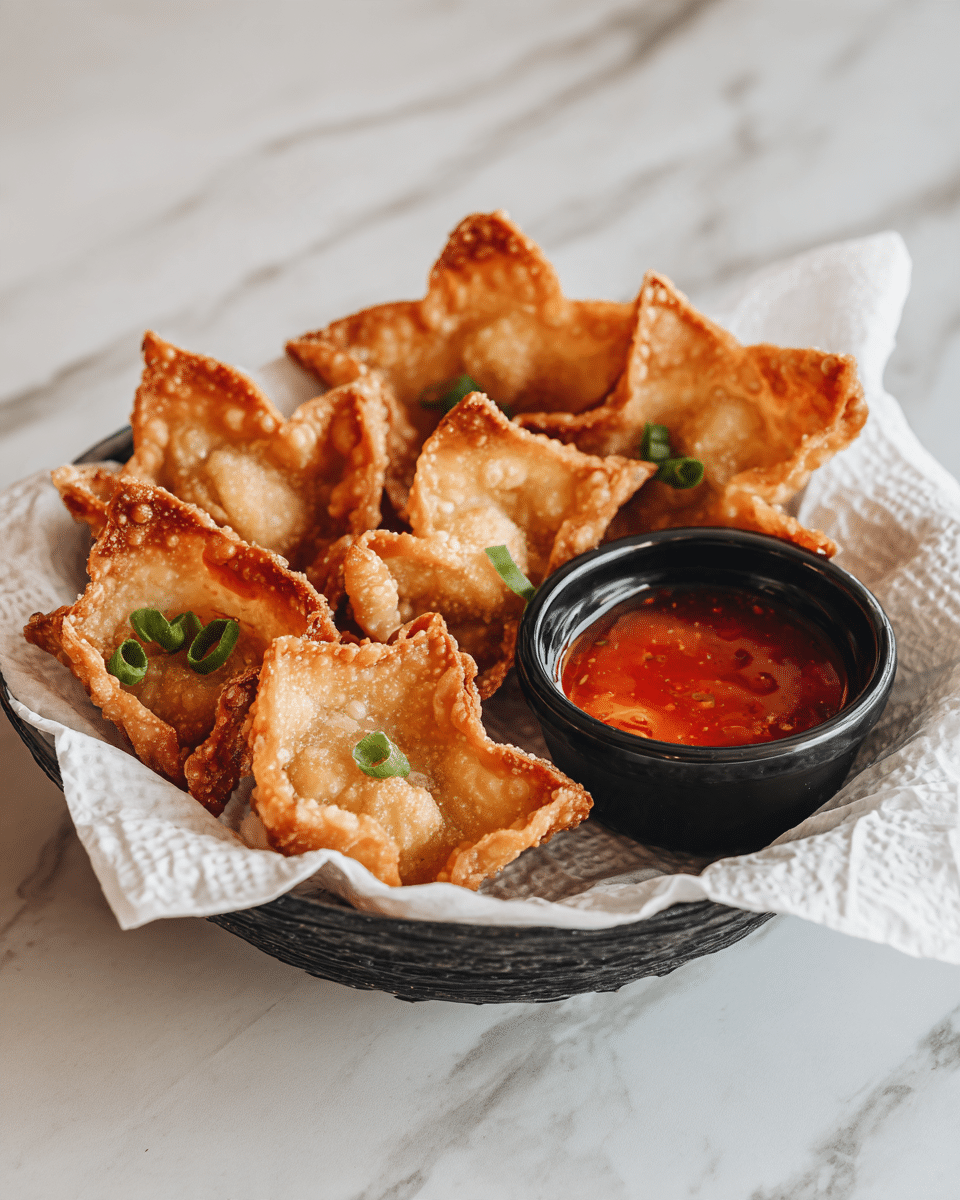 A plate filled with several golden-brown fried wontons, each with a crisp, slightly bubbled texture and triangular shape, showing some darker toasted edges. Small green chopped spring onions are sprinkled on and around the wontons for color contrast. To the side of the plate, a small black bowl holds a thick, deep red dipping sauce with visible chunks, sitting on white paper lining inside the plate. The scene is set on a white marbled background. photo taken with an iphone --ar 4:5 --v 7