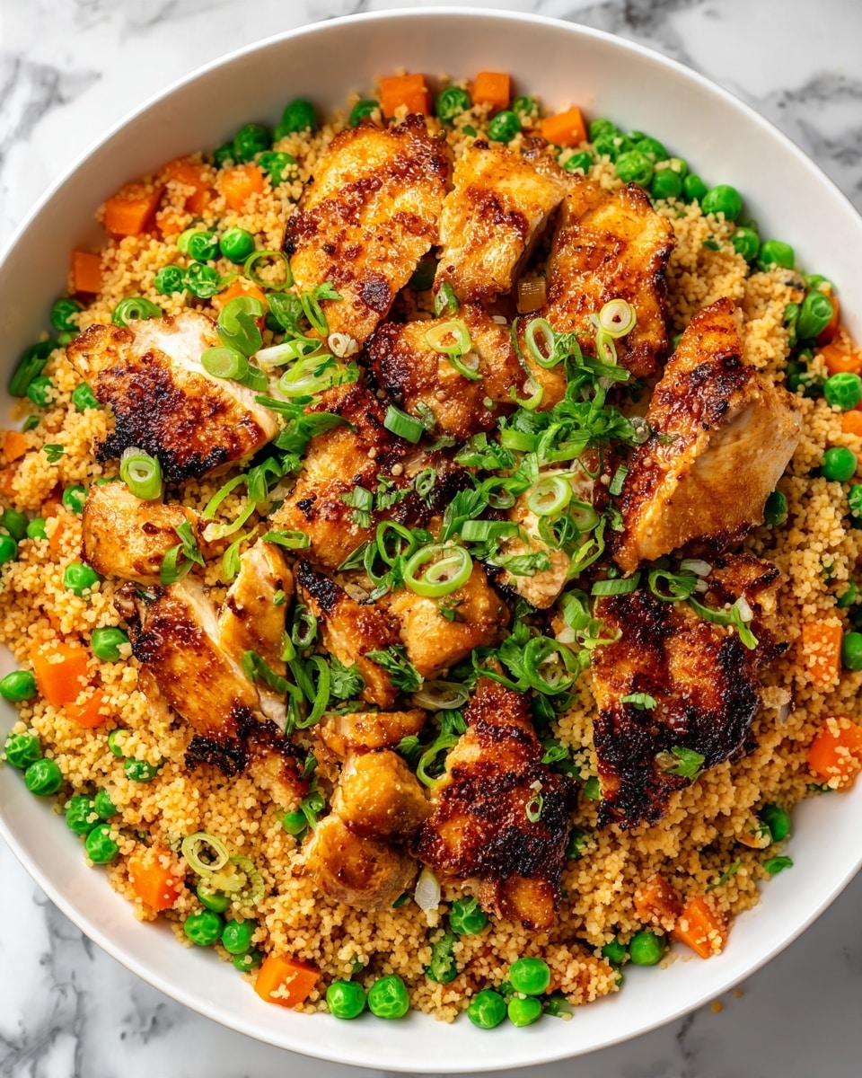 A large white bowl filled with a richly textured dish made of bulgur wheat mixed with small diced carrots and green peas evenly spread throughout. On top, evenly spaced grilled pieces of chicken with a golden-brown char and slightly crispy edges sit atop the grain. Finely sliced green onions and whole peas are sprinkled across the top, adding spots of light and dark green color. The entire dish rests on a white marbled surface. photo taken with an iphone --ar 4:5 --v 7
