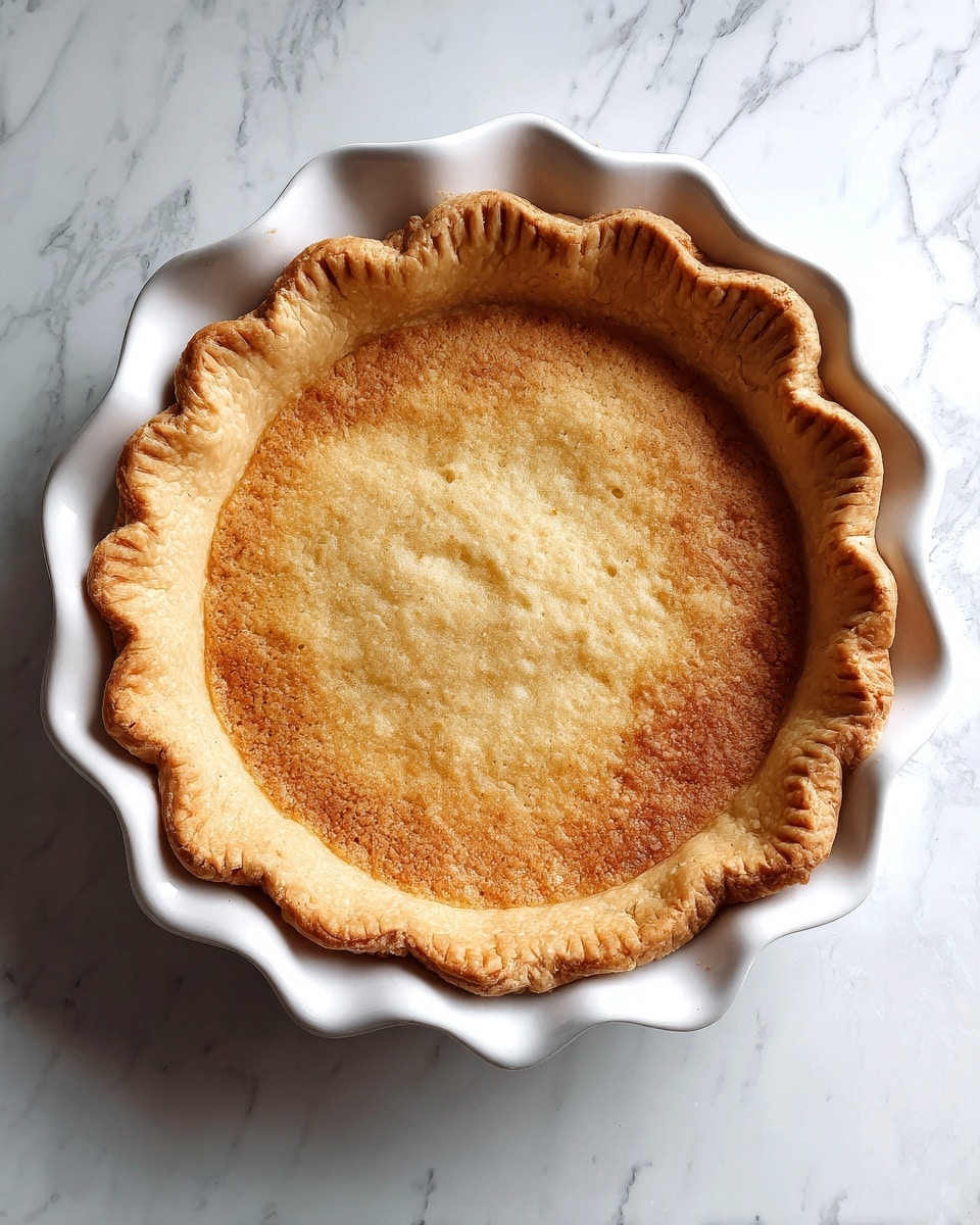 A close-up view of an empty pie crust in a white pie dish, showing one layer of golden-brown, flaky pastry with a crimped edge along the rim. The crust has a textured surface with small bumps and a slightly uneven, crisp finish. The dish sits on a white marbled surface, highlighting the warm tones of the crust. photo taken with an iphone --ar 4:5 --v 7