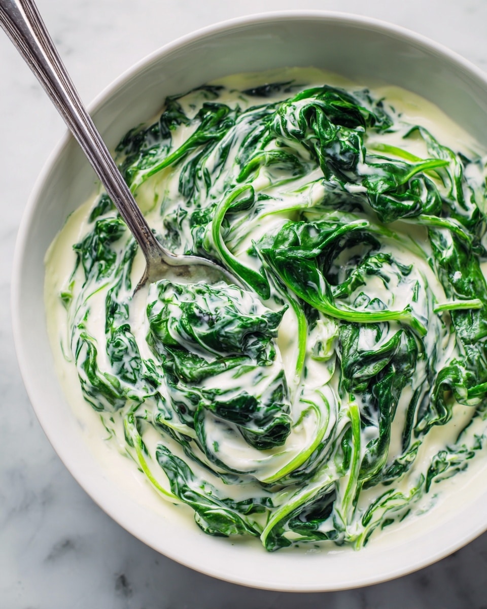 The image shows a close-up of creamy cooked spinach in a white bowl. The dish has bright green spinach leaves covered with thick white cream sauce, making a smooth and rich texture. The spinach leaves are soft and folded into the creamy layer, filling the bowl almost to the top. A spoon is partly visible on the right side, resting inside the bowl. The bowl is placed on a white marbled surface with a warm wooden edge at the bottom. The colors are fresh and natural, highlighting the contrast between the green spinach and white cream. photo taken with an iphone --ar 4:5 --v 7