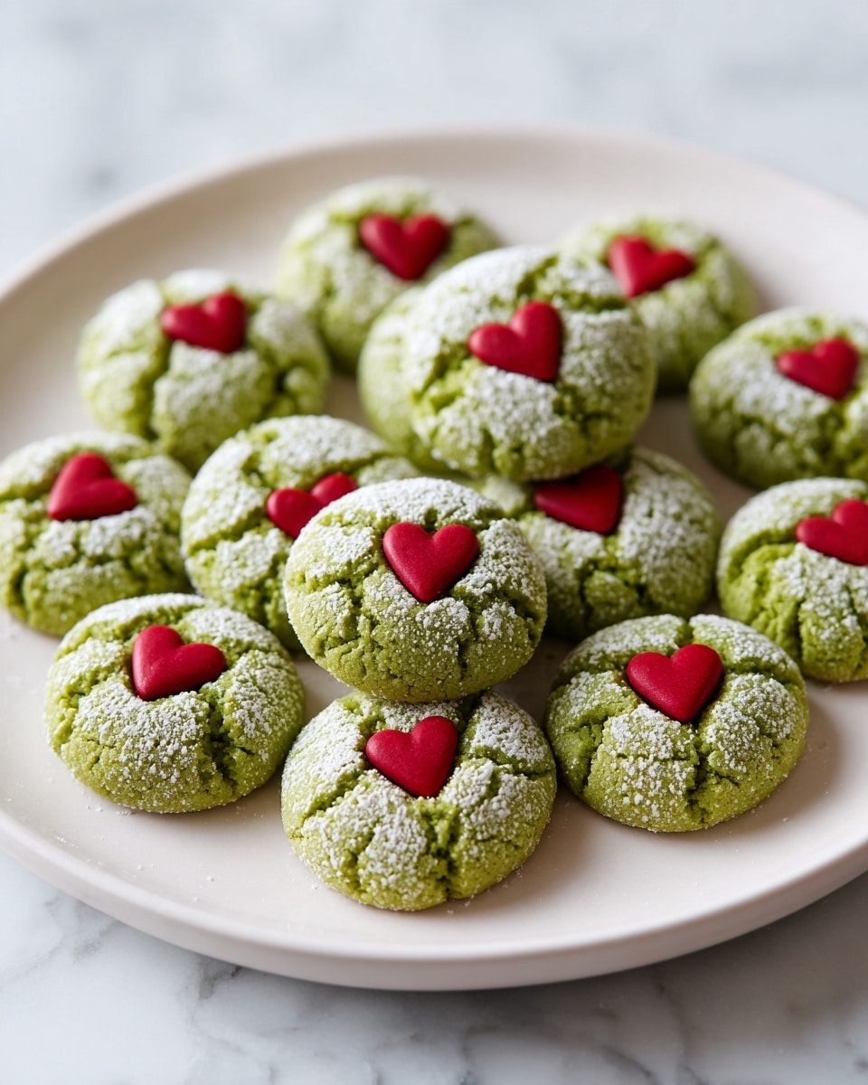 A white plate holds twenty round pale green cookies arranged in neat rows. Each cookie has a soft, cracked texture dusted with white powdered sugar. In the center of each cookie, a small, smooth, bright red heart shape sits flat against the green surface, creating a sharp contrast. The plate rests on a white marbled texture surface with soft natural light highlighting the cookies' colors and textures. photo taken with an iphone --ar 4:5 --v 7